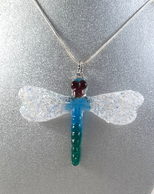 Art Glass Dragonfly Jewelry Pendant, Blue, Green, Rainbow Dichroic, Valentine Gift