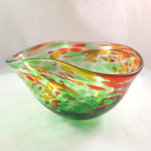Handmade Art Glass Summer Garden Bowl, Green Red Yellow Orange, Wavy