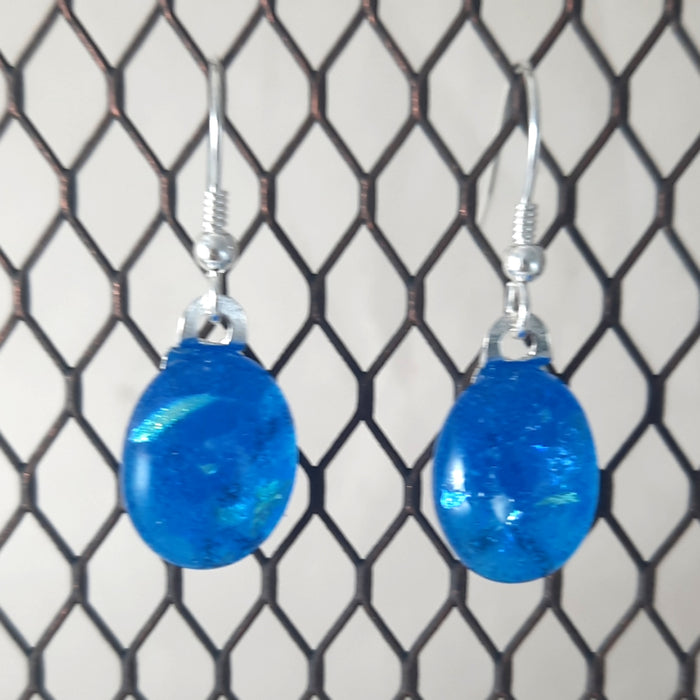 Handmade Blue and Rainbow Dichroic Art Glass Earrings, Christmas Gift