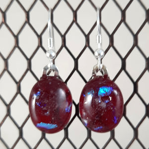 Handmade Red and Rainbow Dichroic Art Glass Earrings, Christmas Gift