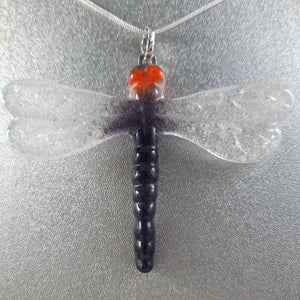 Art Glass Dragonfly Jewelry Pendant, Purple, Orange, Rainbow Dichroic, Valentine Gift