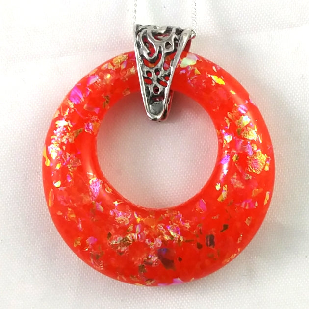 Sterling Silver Deep Orange and Rainbow Dichroic Handmade Art Glass Hoop Jewelry Pendant, Mother's Day Gift
