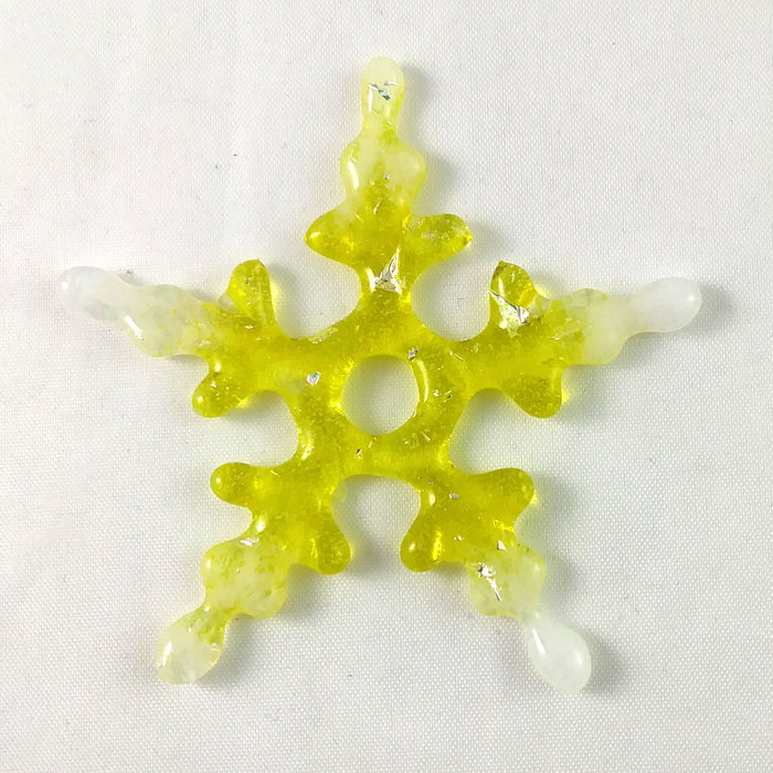 Handmade Artglass Snowflake Suncatcher, Yellow, White, and Dichroic