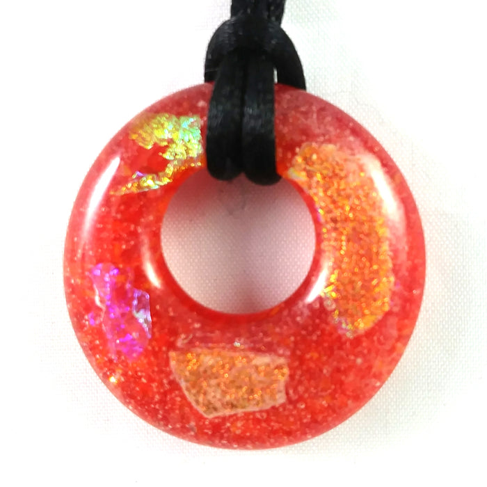 Handmade Art Glass Hoop Pendant, Orange and Rainbow Dichroic, Fall Gift