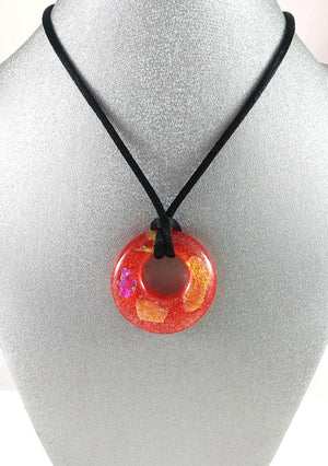Handmade Art Glass Hoop Pendant, Orange and Rainbow Dichroic, Fall Gift