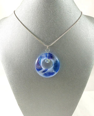 Handmade Glass Hoop Pendant, Recycled Blues Purple and Crystal, Wire Wrapped, Design By, Mother's Day Gift, Valentine Gift