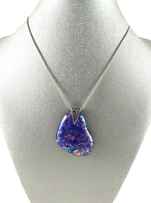 Handmade Art Glass Blue and Rainbow Dichroic Large Heart Jewelry Pendant, Mother's Day Gift, Christmas Gift