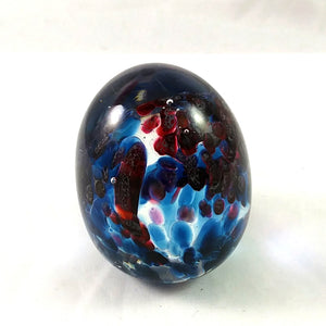 Handmade Art Glass Easter Egg Paperweight, Blue and Red, Small