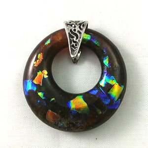 Sterling Silver Deep Amber and Rainbow Dichroic Handmade Art Glass Hoop Jewelry Pendant, Fall, Mother's Day Fall Gift