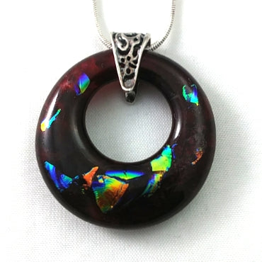 Deep Red and Rainbow Dichroic Handmade Art Glass Hoop Jewelry Pendant, Silver Plated, Valentine Fall Gift