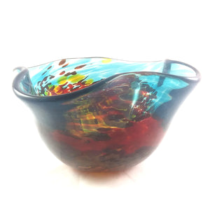 Handmade Art Glass Bowl, Blue Red and Gold, Wavy, Christmas Gift, Featured