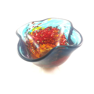 Handmade Art Glass Bowl, Blue Red and Gold, Wavy, Christmas Gift, Featured