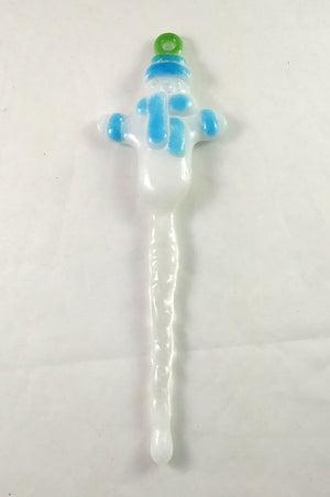 Handmade Christmas Snowman Icicle Ornament, Blue Green White Dichroic, Large