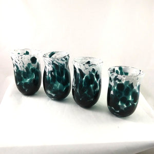 Handmade Art Glass Tumblers, Set of 4, Green and White, Christmas Gift
