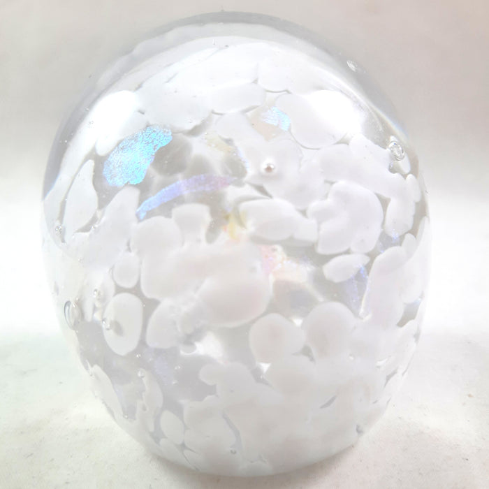 Handmade Art Glass Easter Egg Paperweight, White and Rainbow Dichroic, Large