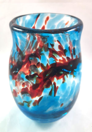 Handmade Art Glass Tumbler, Blue and Red, 7 oz