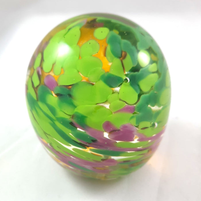 Handmade Art Glass Easter Egg Paperweight, Green Yellow Pink, Large