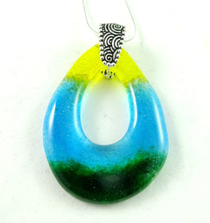 Green Blue and Yellow Noon Day Art Glass Teardrop Jewelry Pendant