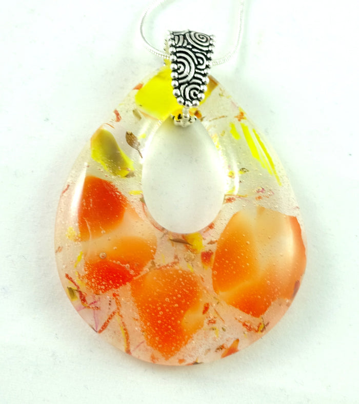 Orange and Yellow Recycled Art Glass Teardrop Jewelry Pendant, Fall Gift