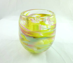Yellow Pink and Blue Handmade Art Glass Candle Holder, Mother's Day Gift